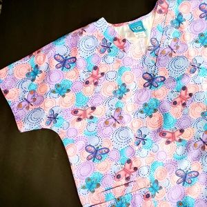 Scrub H.Q. Butterfly V-neck Print Scrub Top Size M